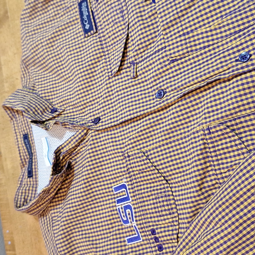 Columbia Purple and Gold Checkered Casual Button Down Shirt